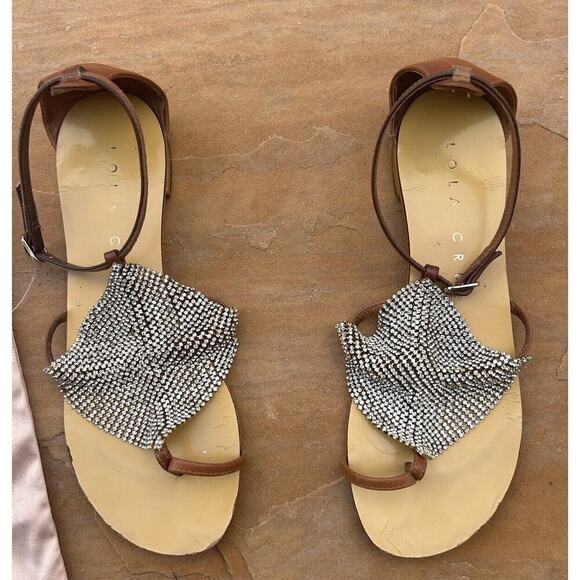 Lola Cruz Leather Crystal Embellishments T-Strap Sandals - 6.5 37 EU KB - Picture 2 of 5